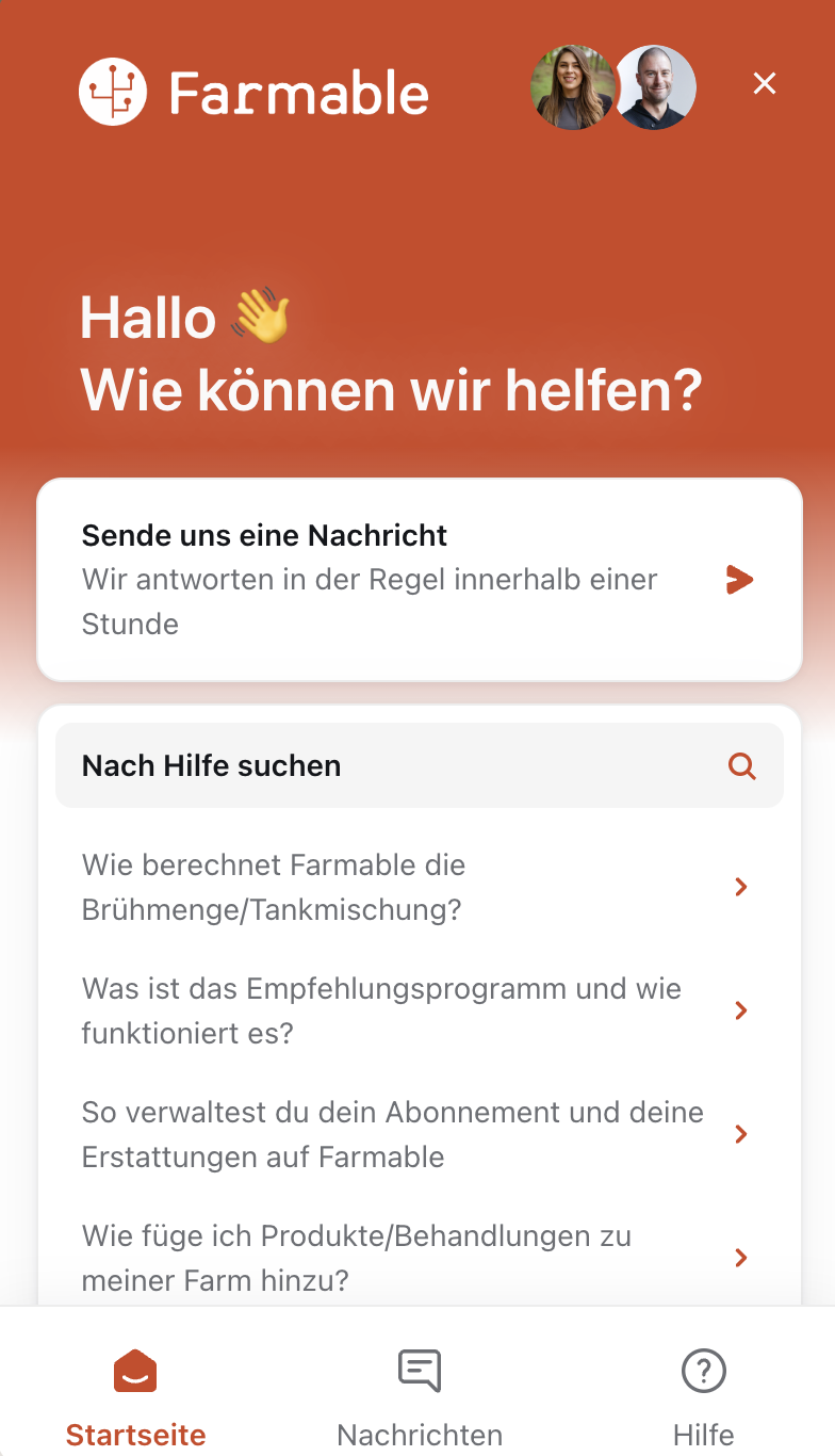 Farmable Hilfecenter in der App
