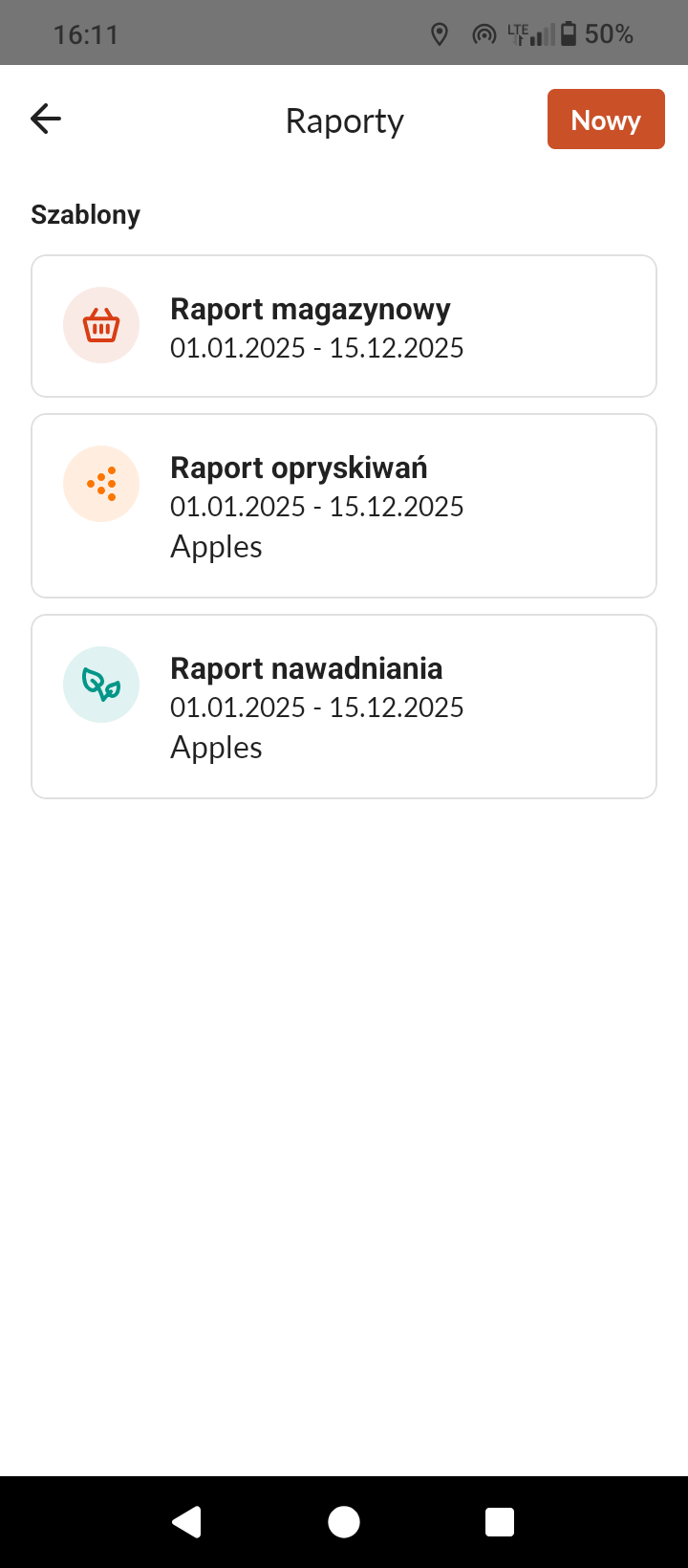 Farmable Reports screen showing inventory, spray, and irrigation reports