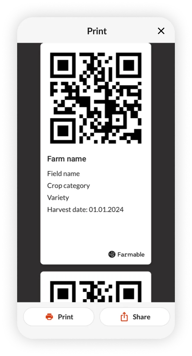 Screenshot of a logged spray job and QR harvest label