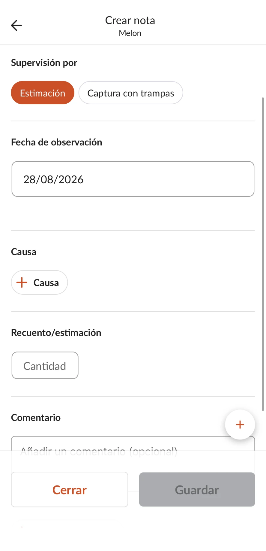 Farmable, pantalla Crear nota con observación, causa y cantidad