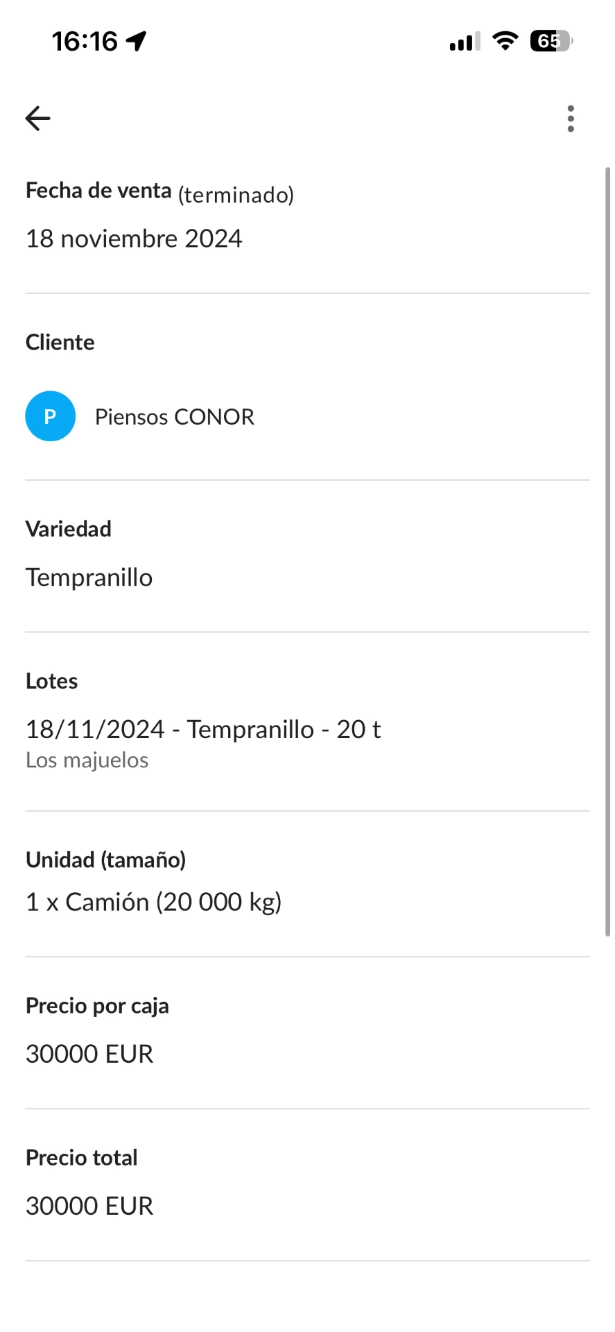 Pantalla de detalle de una venta en la app Farmable