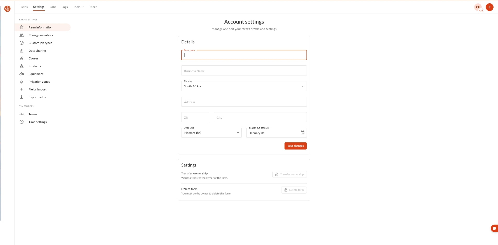Account settings in the Farmable web portal, with farm details, area unit and season cut-off date beside the Farm settings menu