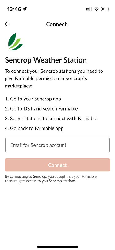 Farmable app Connect screen for the Sencrop Weather Station integration, showing the four setup steps and the email field