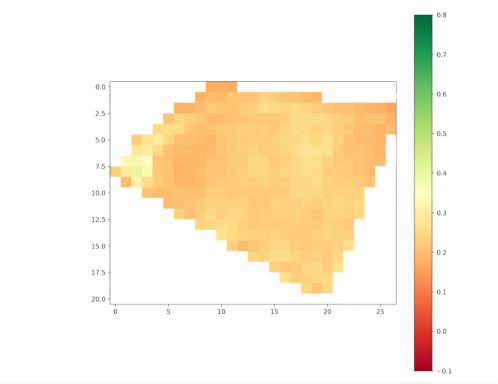 NDVI heatmap of the Krok Øverst apple orchard showing vegetation health variation across the block