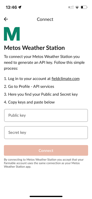Farmable app Connect screen for the Metos Weather Station integration, showing the four setup steps and the public and secret key fields