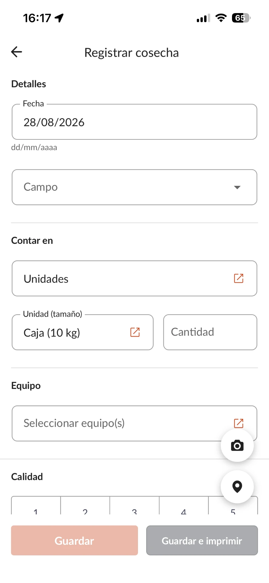Pantalla de registro de cosecha en la app Farmable