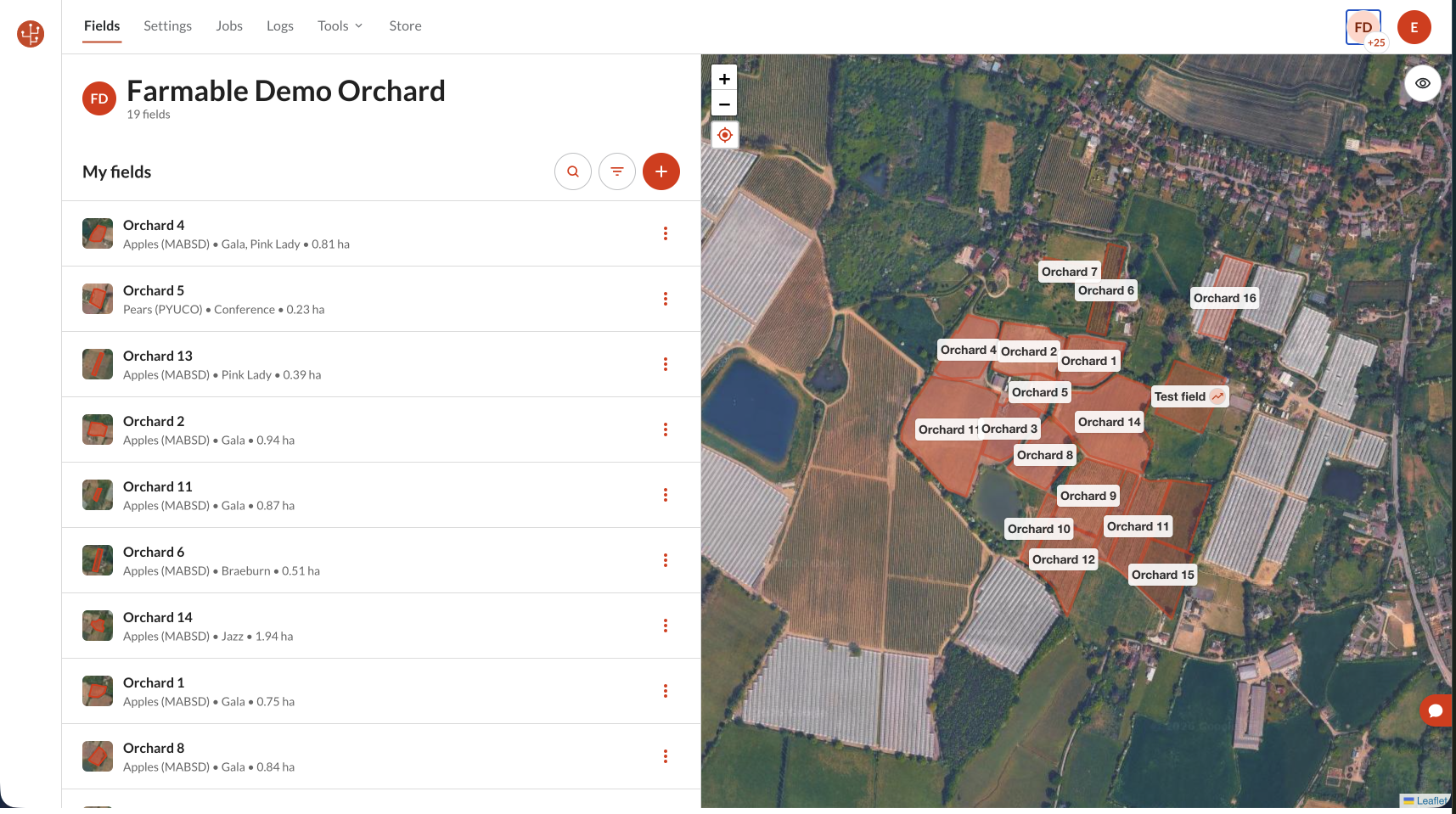 Farmable web portal showing the field list beside a satellite map of the farm