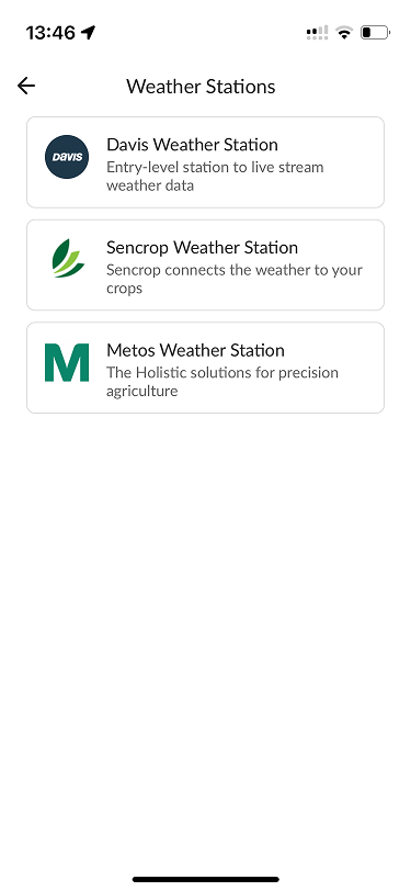 Farmable app screen listing the Davis, Sencrop and METOS weather station integrations