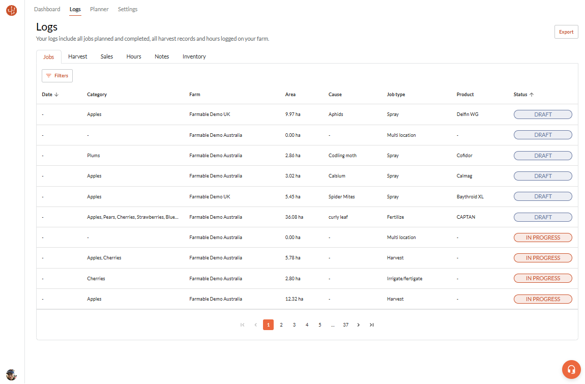 Farmable desktop logs view with filterable spray jobs across multiple farms