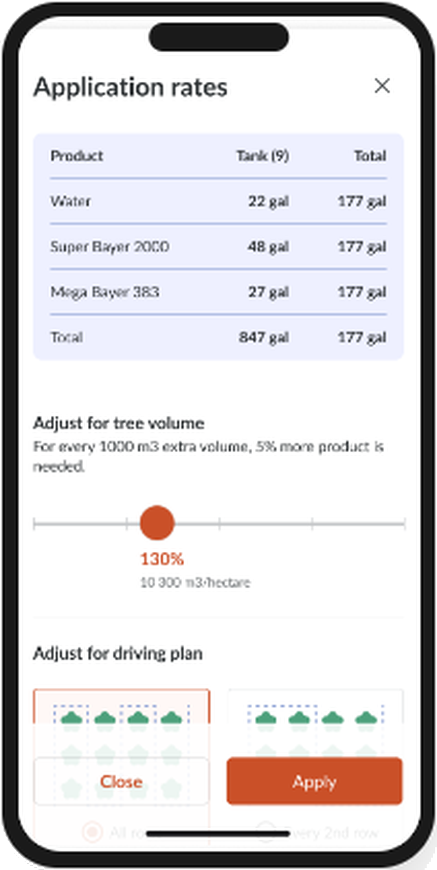 Application rates screen in the Farmable app
