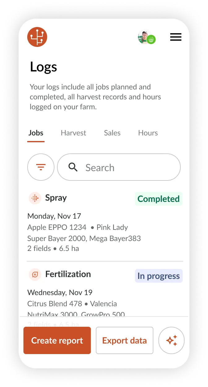 Farmable Logs screen showing spray and fertilization records