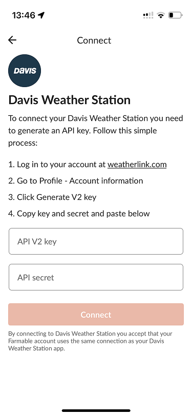 Verbinden-Dialog der Davis Integration in der Farmable App mit den Feldern für API Key und Secret