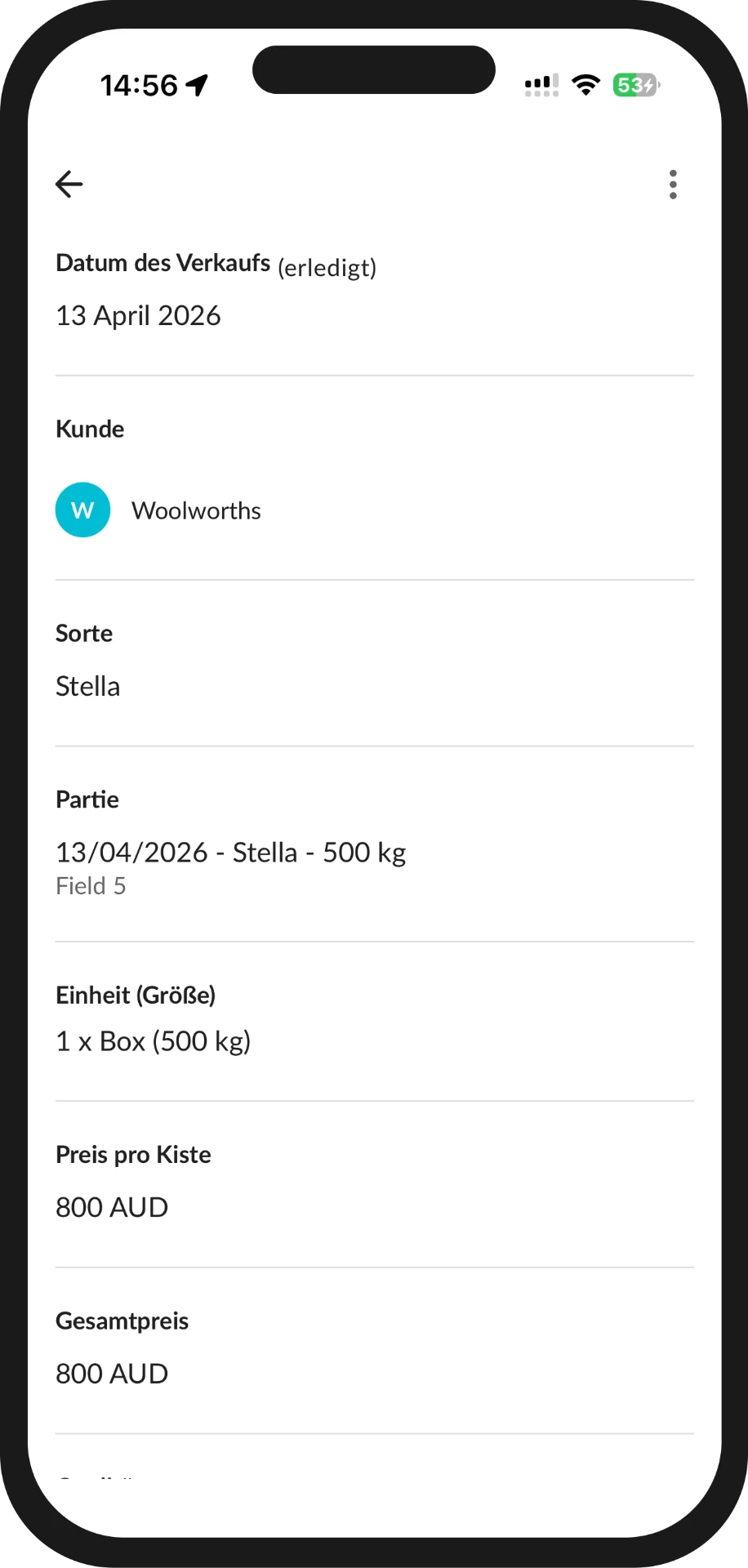 Verkaufsdetail in der Farmable-App