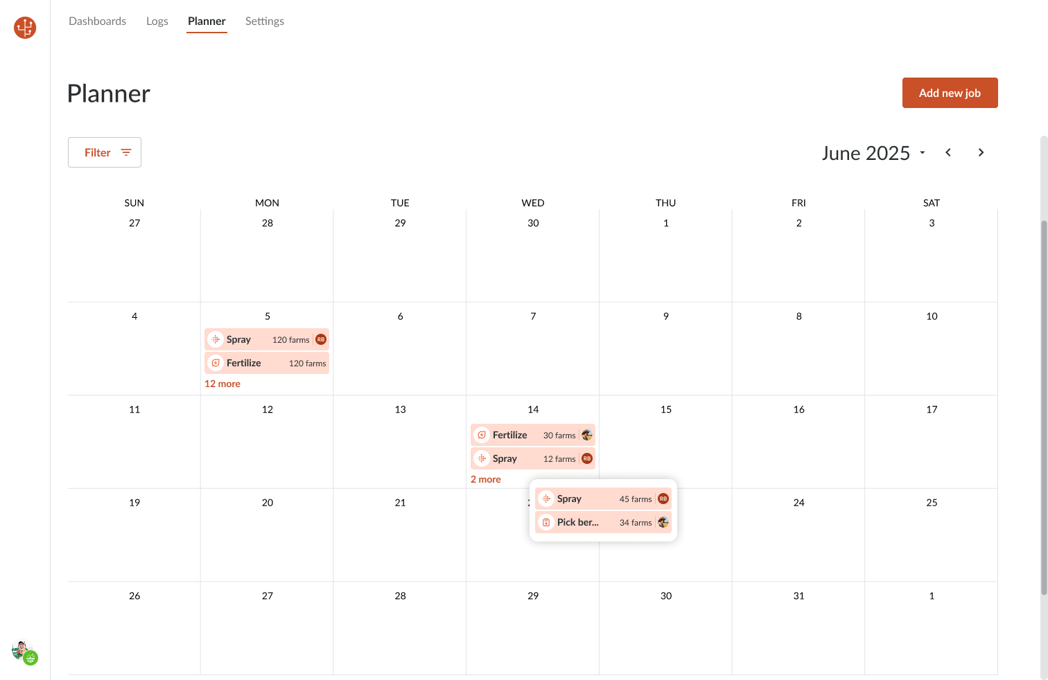 Farmable advisor planner calendar showing scheduled spray and fertilize jobs across many farms