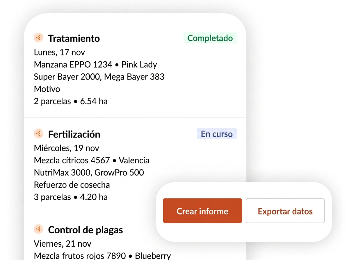 Registros de Farmable con tratamientos, fertilización y control de plagas, con botones para crear informes y exportar datos