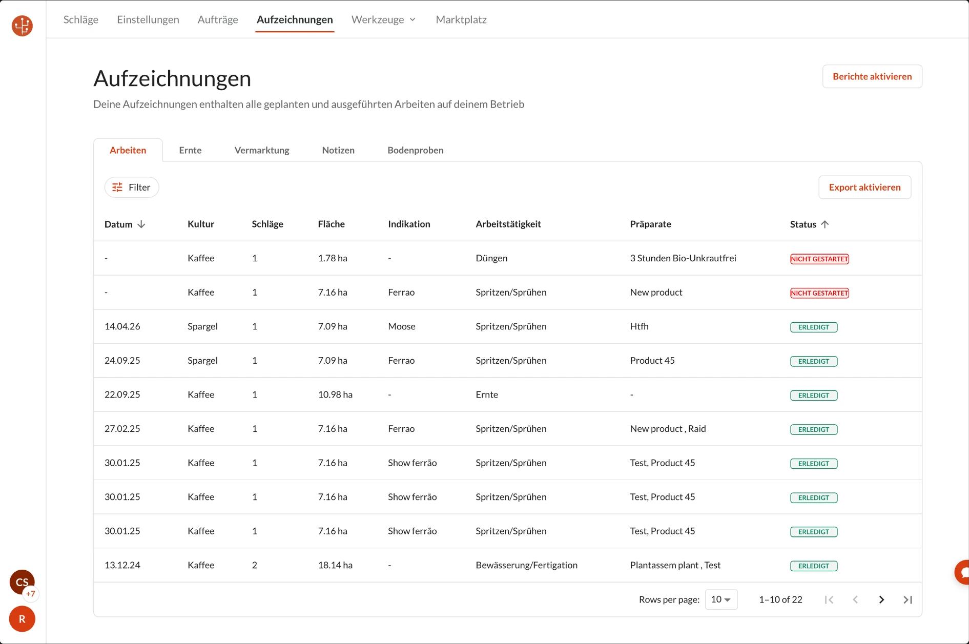 Aufzeichnungen zu Maßnahmen, Ernte, Verkäufen und Arbeitszeiten