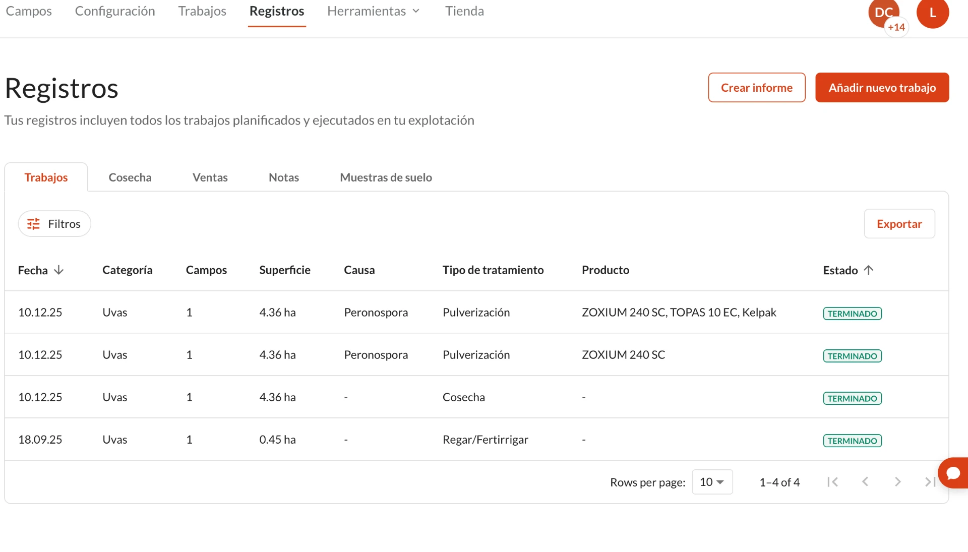 Registros de trabajos en Farmable con opciones de crear informe y exportar datos