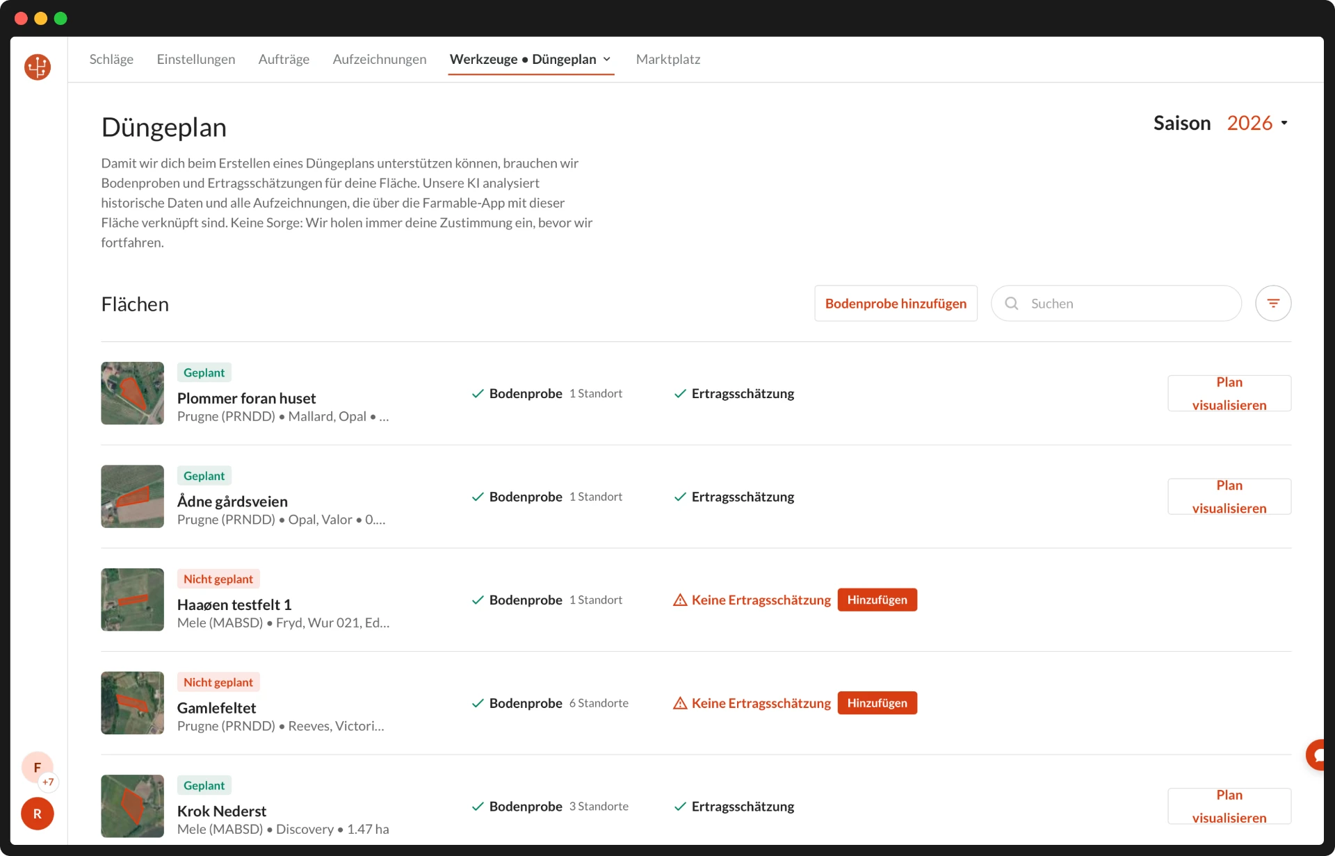 Farmable Düngeplan im Webportal, Flächenübersicht
