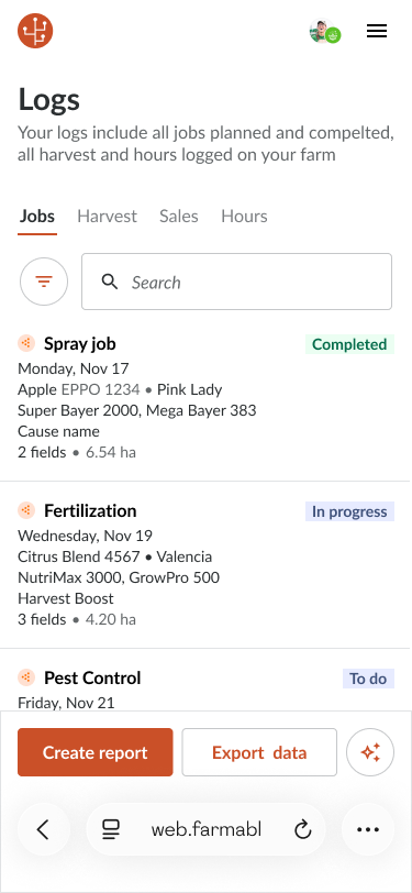 Spray job records with create report and export data actions