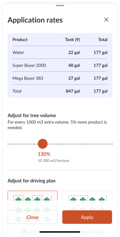 Farmable application rates screen showing tank and total quantities with tree-volume and driving-plan adjustments