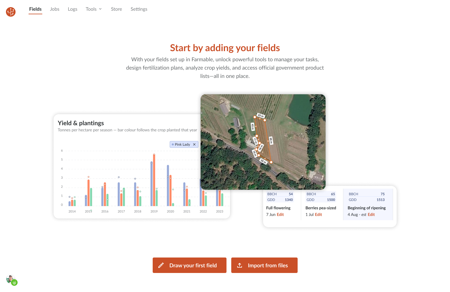 Farmable Web Portal showing field import and drawing tools on a satellite map