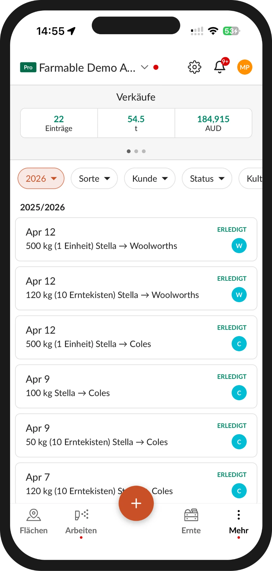 Verkaufsübersicht in der Farmable-App