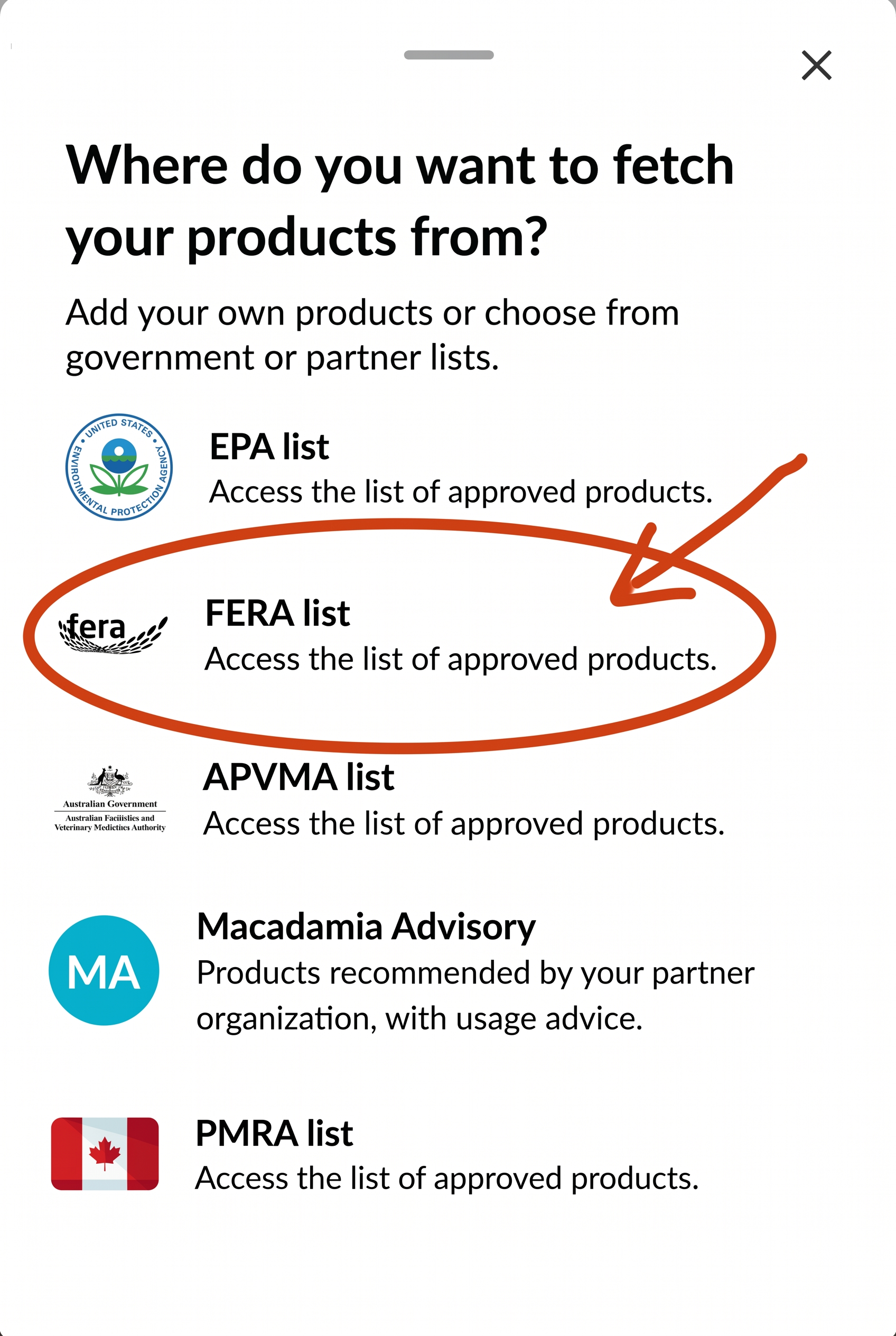 Farmable spray summary screen showing UK Liaison product list integration