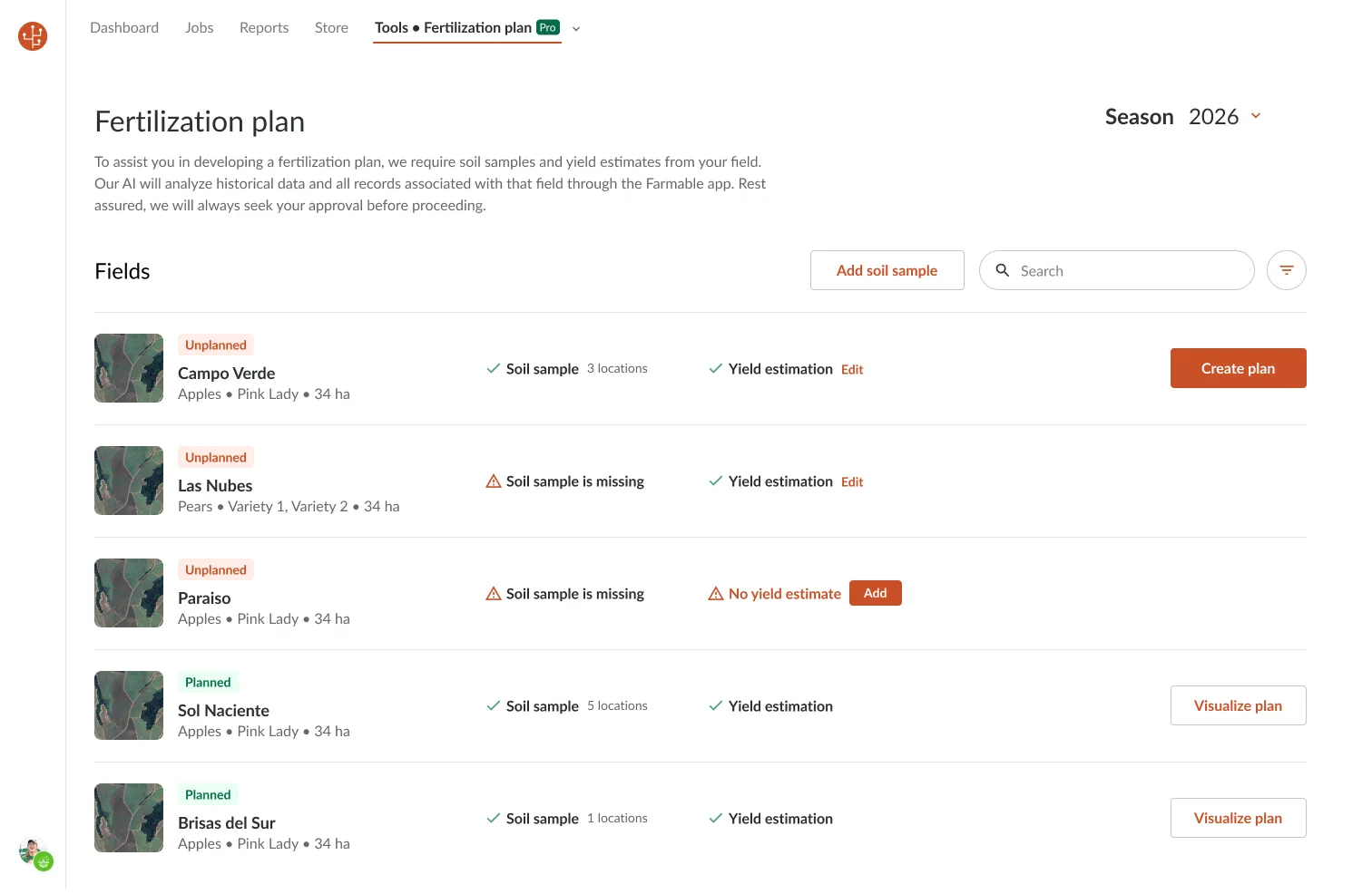 Farmable fertilization plan screen showing field list with soil sample and yield estimation status