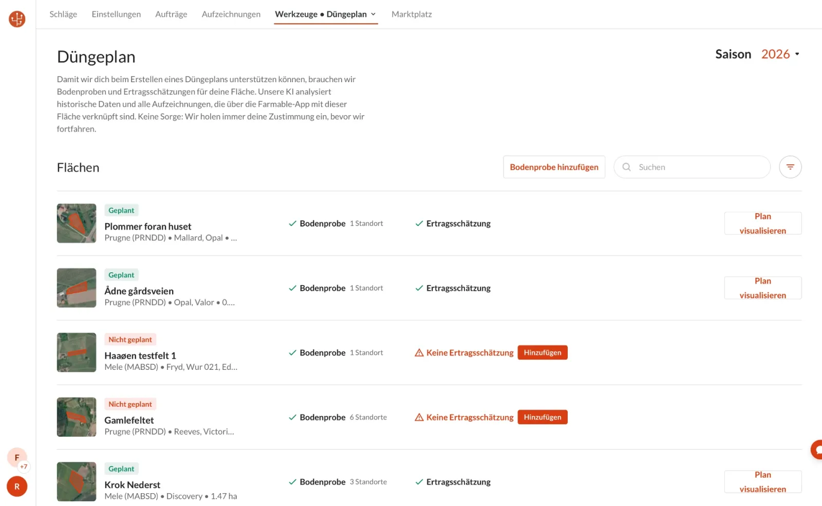 Farmable KI-Düngeplan Übersicht mit Flächenliste, Bodenproben und Ertragsschätzung