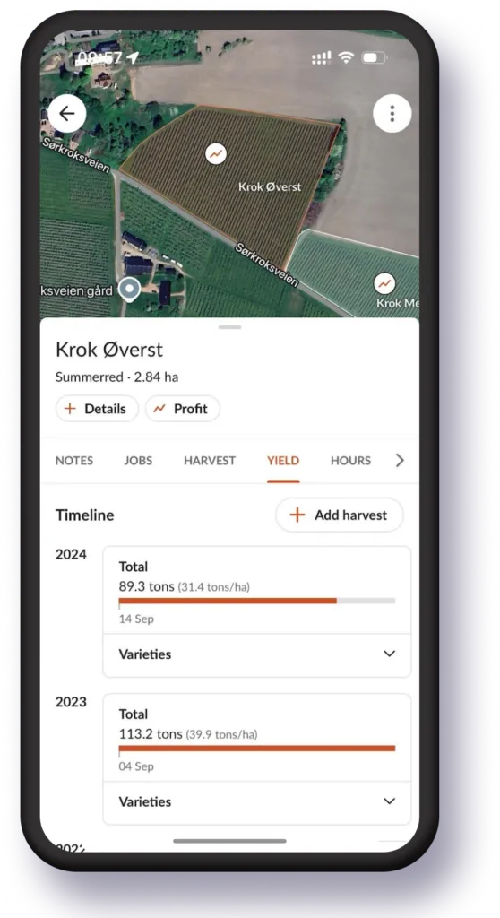 Field detail screen in Farmable showing Krok Øverst yield timeline of 89.3 tons in 2024 and 113.2 tons in 2023