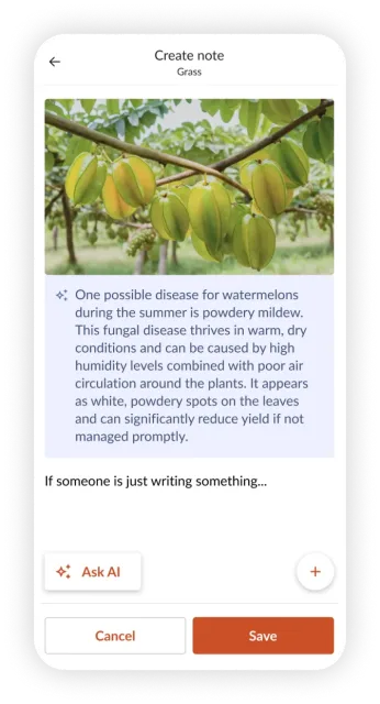Farmable Create note screen with an AI-generated disease insight