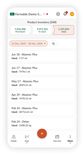Farmable product inventory mockup showing purchased, in stock, and used totals
