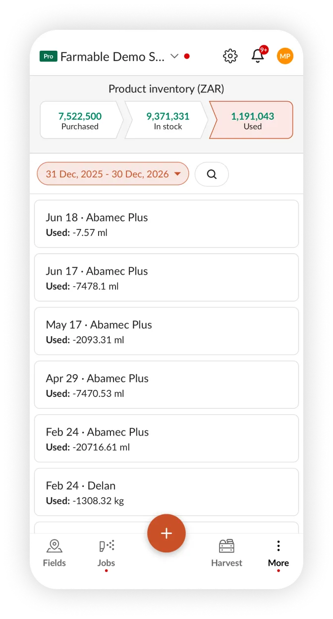 Inventario prodotti Farmable con totali acquistati, in stock e utilizzati