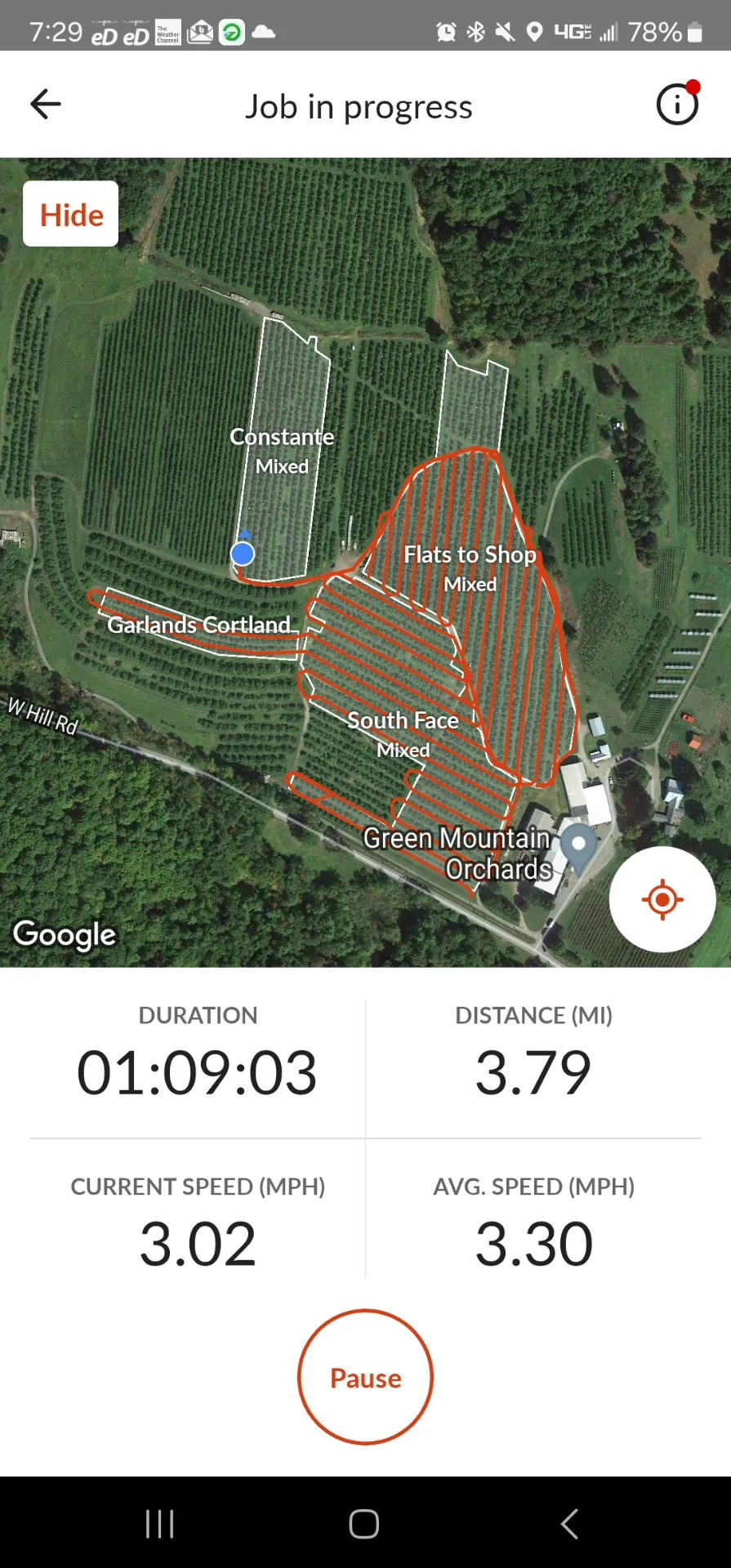 Farmable mobile app showing a job in progress with GPS-tracked fields at Green Mountain Orchards