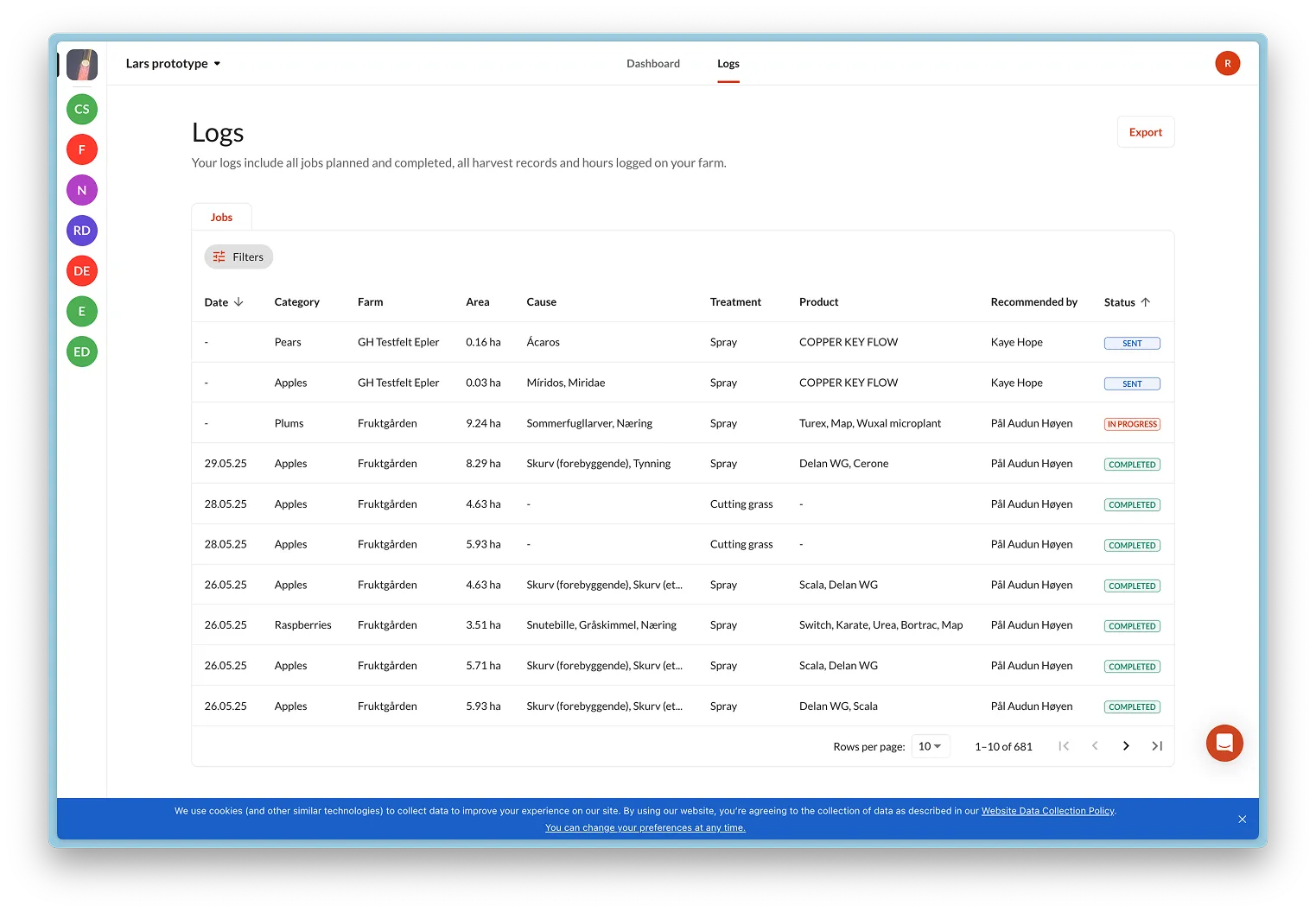 Farmable cooperative logs view showing spray jobs across multiple member farms with cause, product, and status