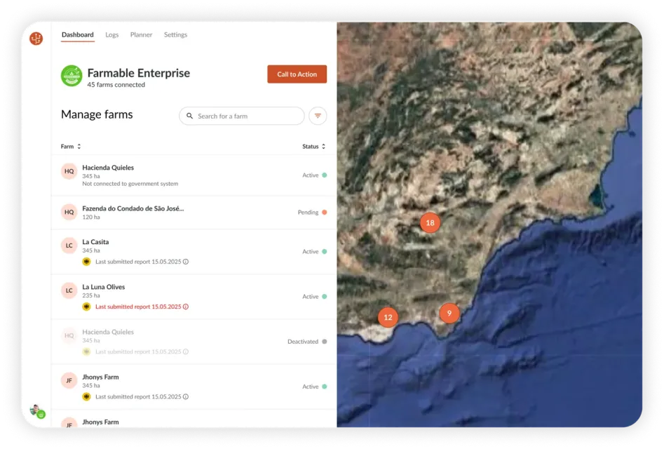 Farmable Enterprise dashboard showing 45 connected farms on a map