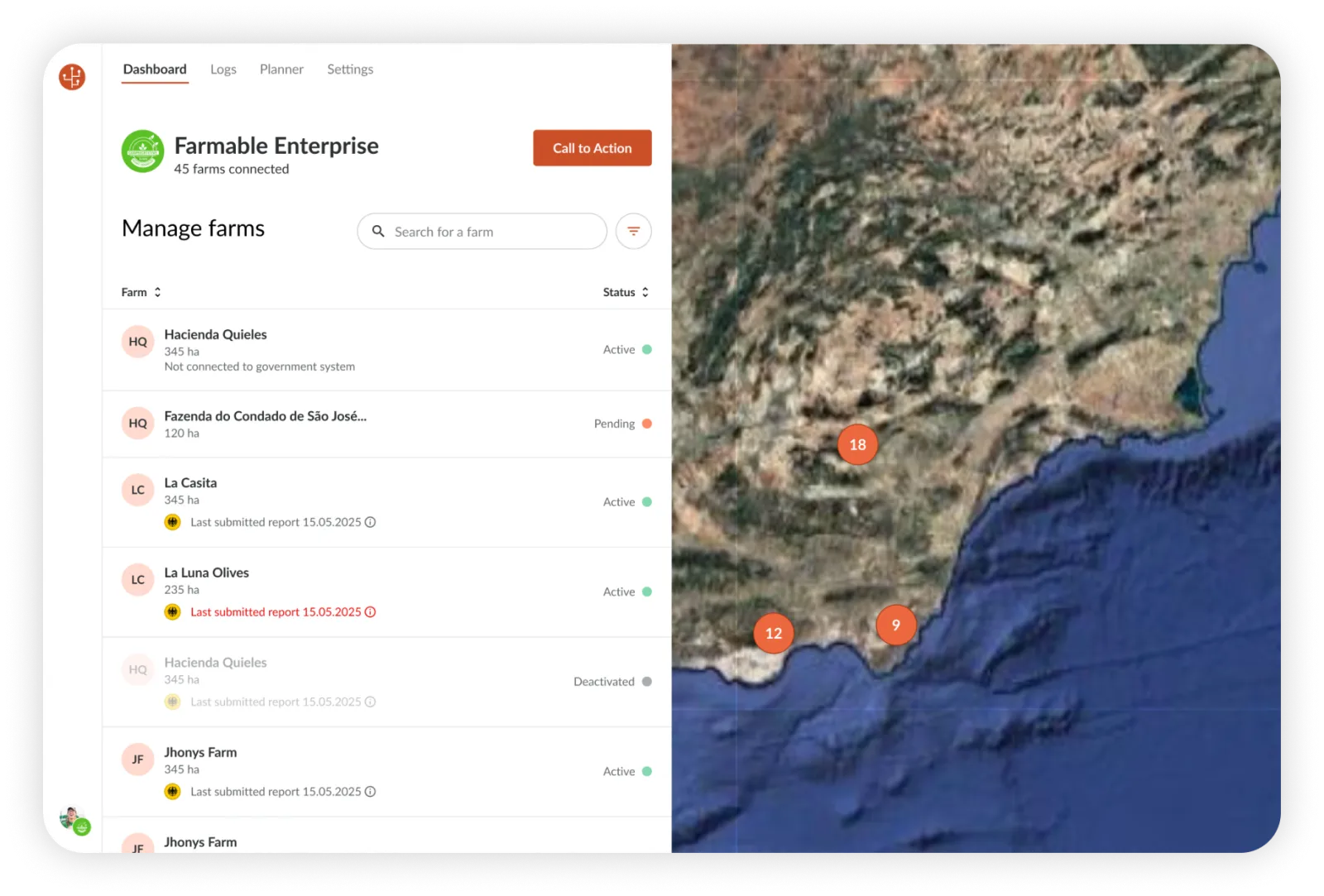Dashboard Farmable Enterprise con 45 aziende collegate sulla mappa