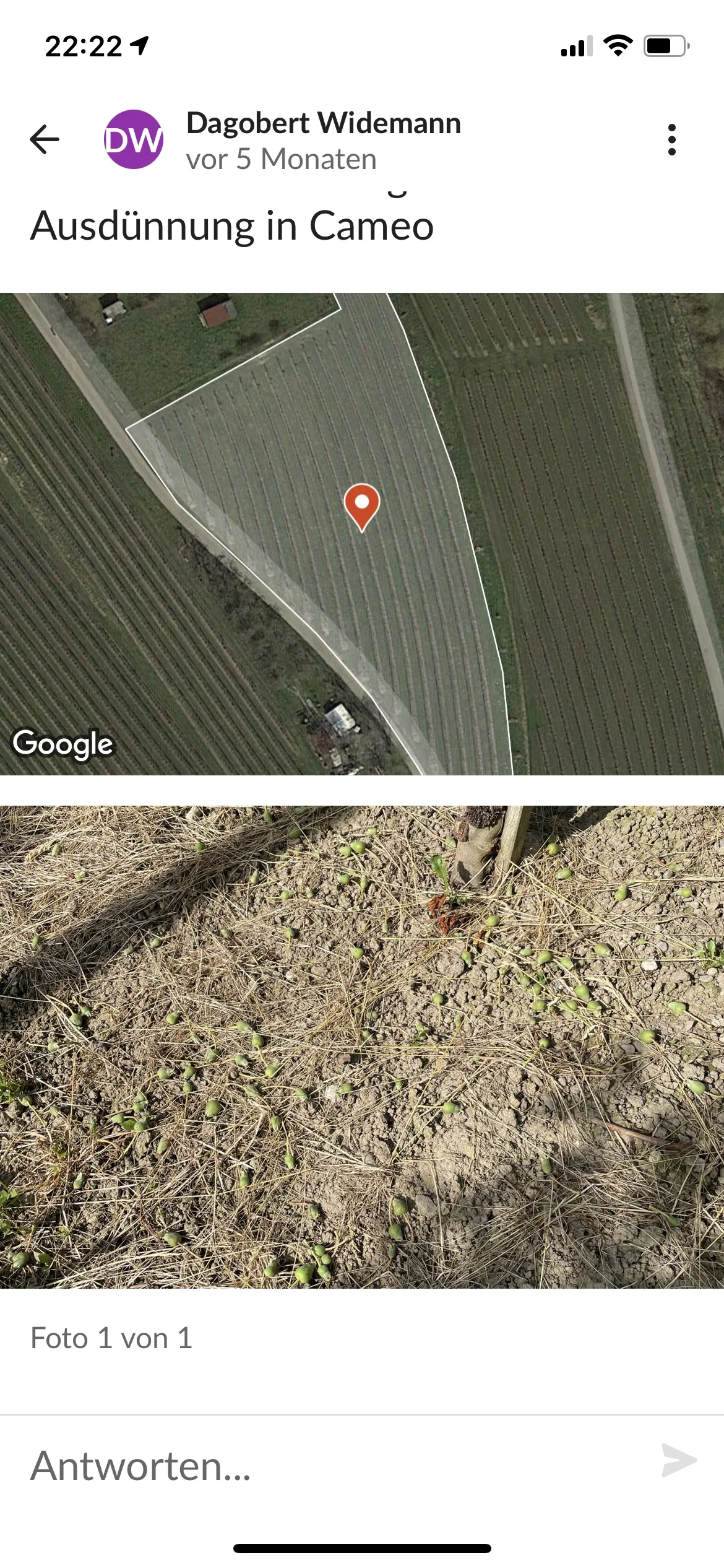 Farmable mobile app showing a chemical thinning record for a Cameo apple field, with a satellite map of the treated rows and a photo of thinned fruit on the ground