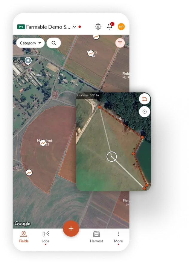 iPad showing a Farmable satellite view with a block outlined in orange
