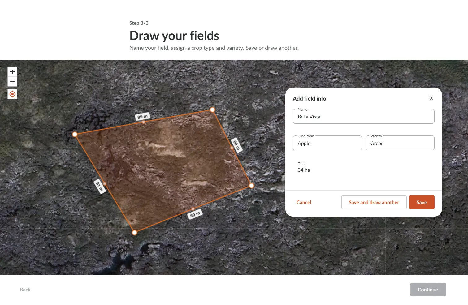 Farmable, schermata Campi con mappa satellitare