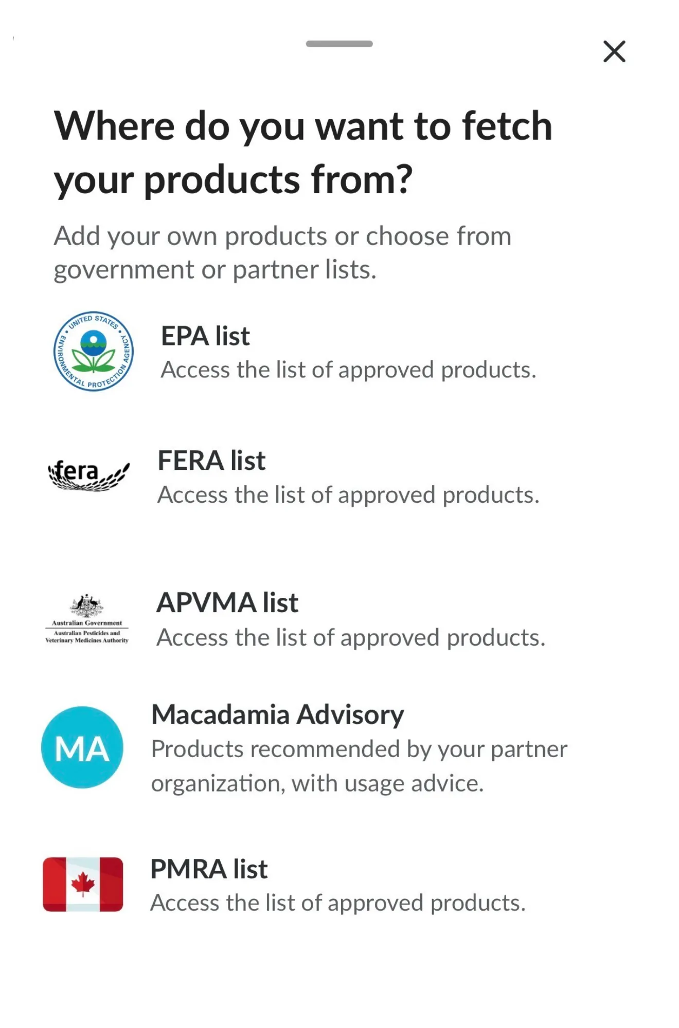 Farmable app showing national pesticide product lists including EPA, FERA, APVMA and PMRA