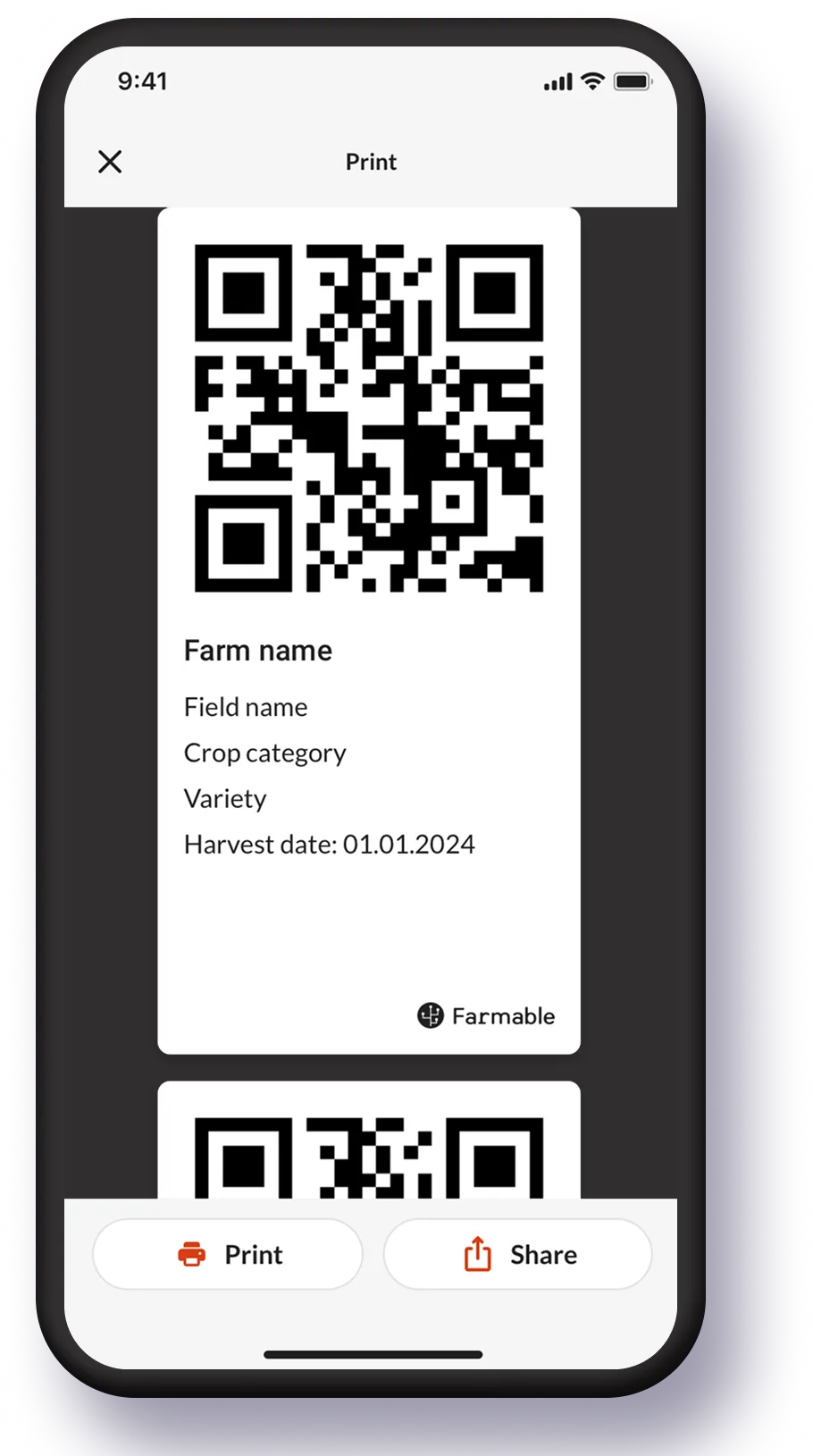 Farmable mobile app showing a harvest label with QR code, farm name, field, crop, variety, and harvest date, ready to print or share.