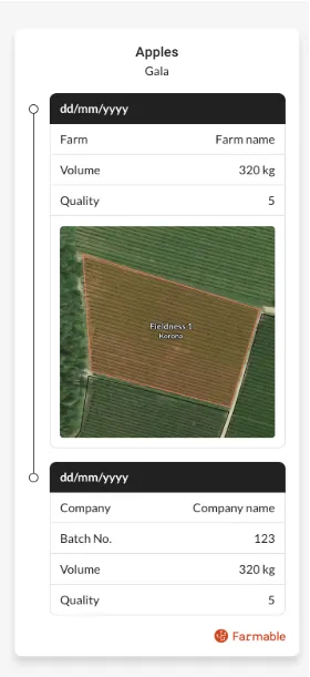Detailed harvest record revealed when the Farmable QR label is scanned: crop, variety, farm, field, volume, quality, batch number, and a field map.
