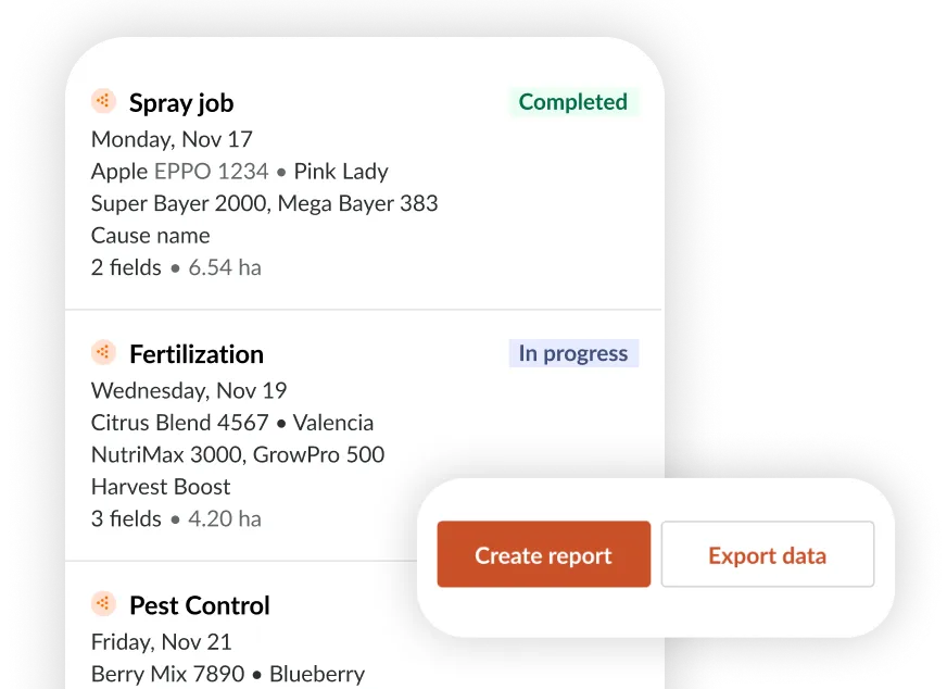 Farmable logs feed showing spray, fertilization and pest control records with Create report and Export data buttons