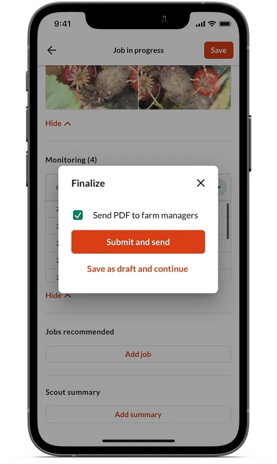 Farmable finalise dialog sending an auto-generated PDF report to farm managers