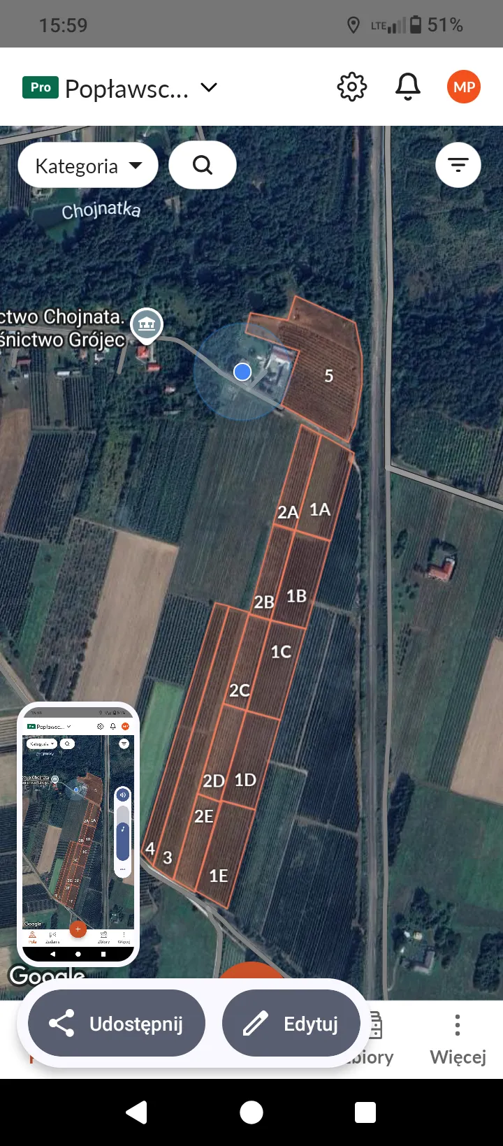 Farmable plot map view of Poplawscy Gospodarstwo Sadownicze showing numbered blocks