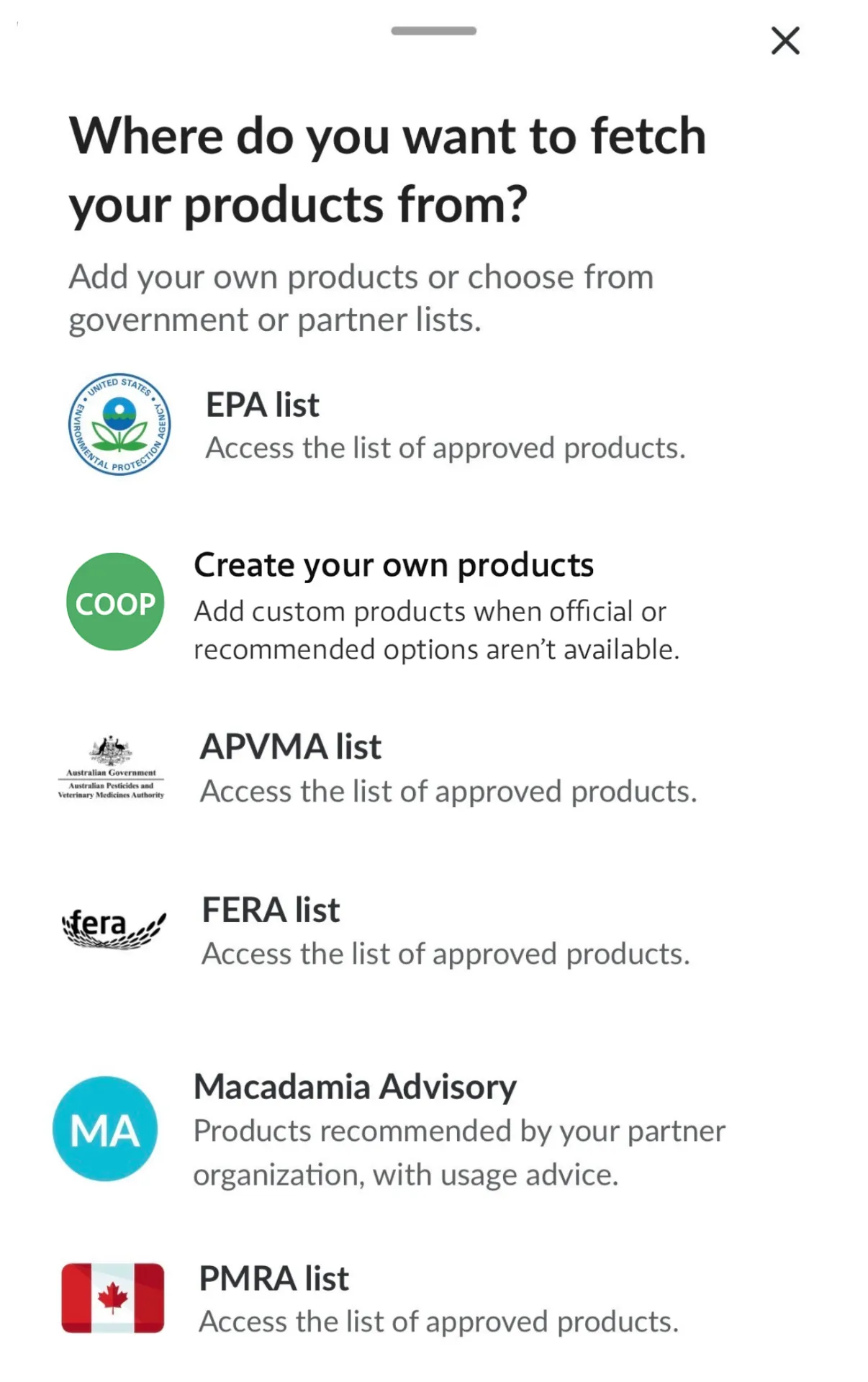Farmable in-app screen showing approved product lists from EPA, APVMA, FERA, PMRA and partner organizations