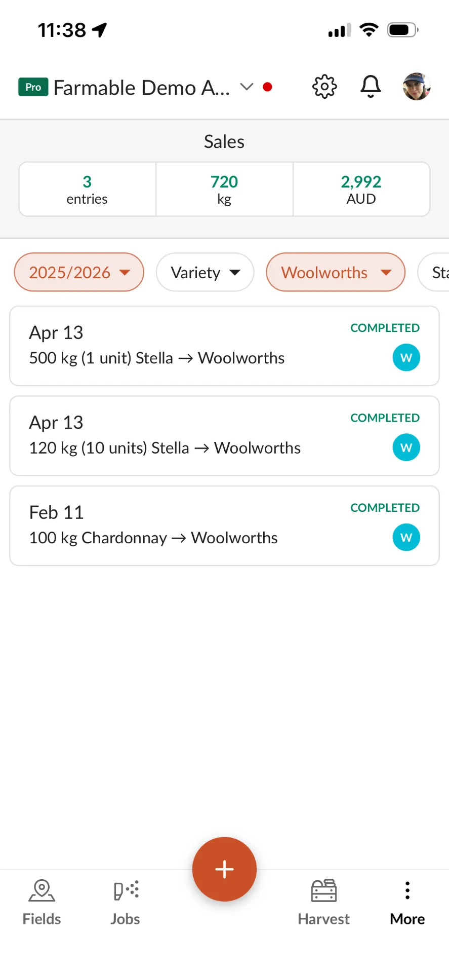Farmable mobile sales list screen showing Woolworths sales