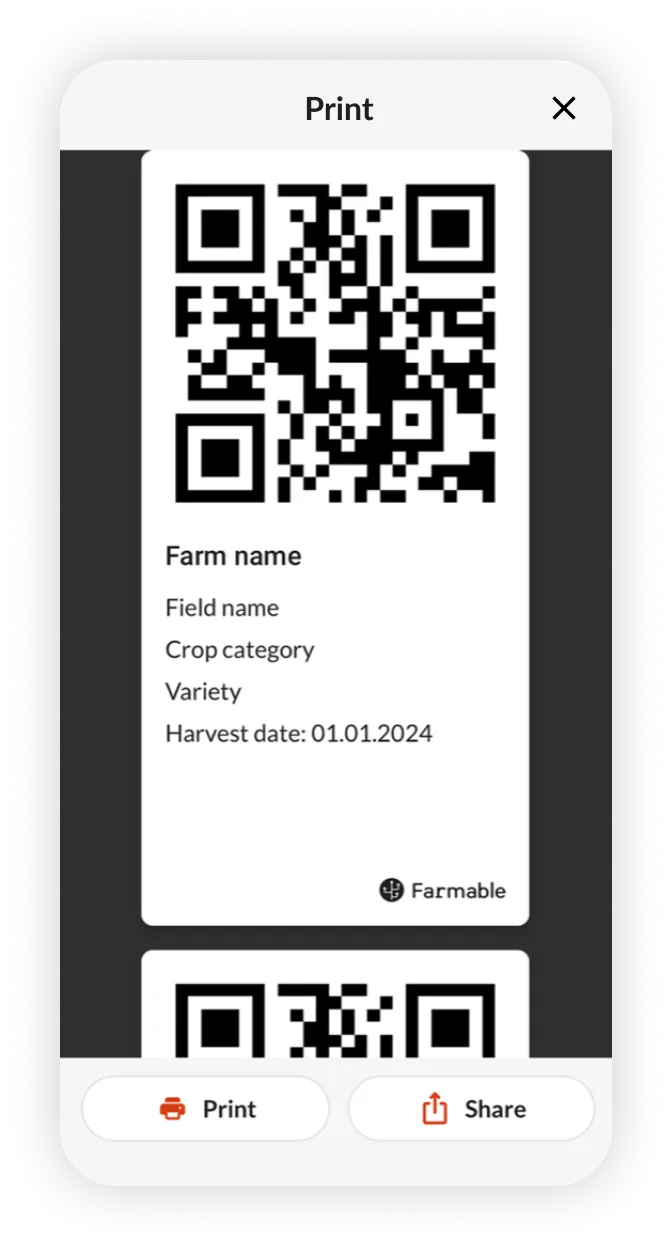 Schermata di un Lavoro di trattamento registrato ed etichetta QR