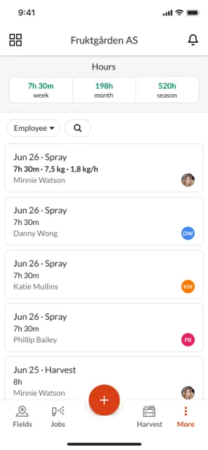 Farmable timesheet overview showing hours by worker and field